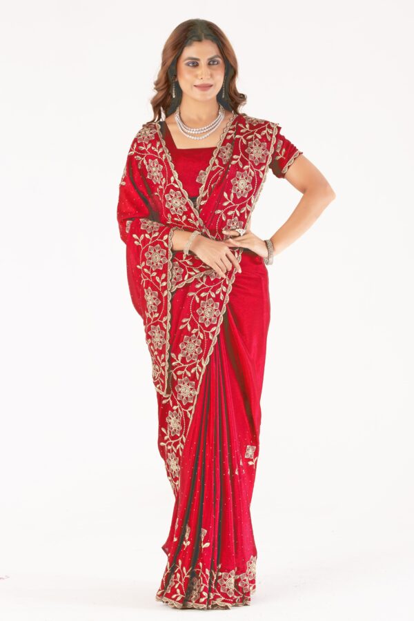 Red Embroidered Saree with Floral Zari Work & Designer Blouse – Festive & Wedding Collection - Image 5