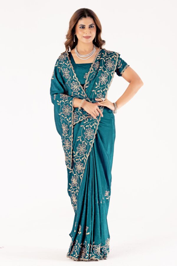 Teal Embroidered Saree with Floral Zari Work & Designer Blouse – Festive & Wedding Collection - Image 5