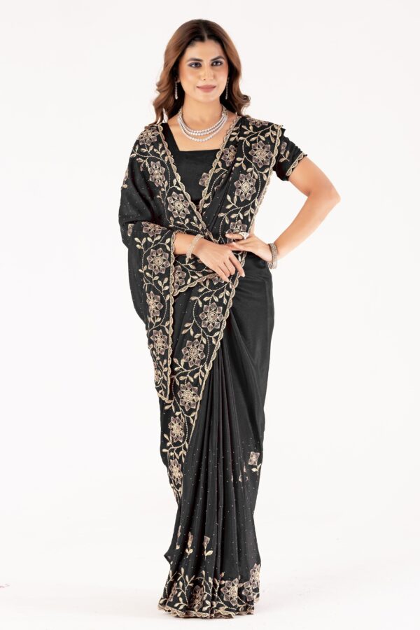 Black Embroidered Saree with Floral Zari Work & Designer Blouse – Festive & Wedding Collection - Image 5