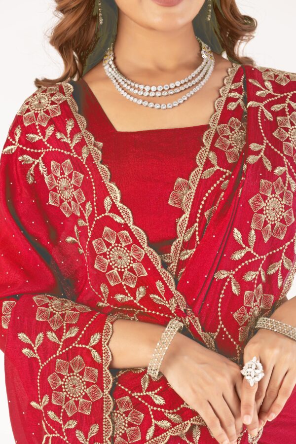 Red Embroidered Saree with Floral Zari Work & Designer Blouse – Festive & Wedding Collection - Image 6
