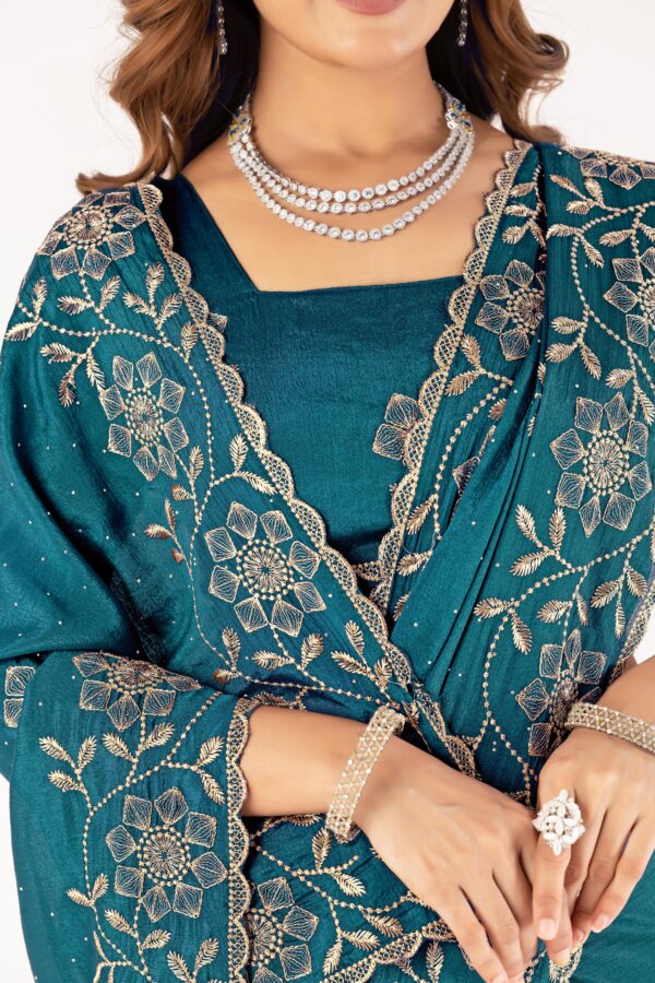 Teal Embroidered Saree with Floral Zari Work & Designer Blouse – Festive & Wedding Collection - Image 6