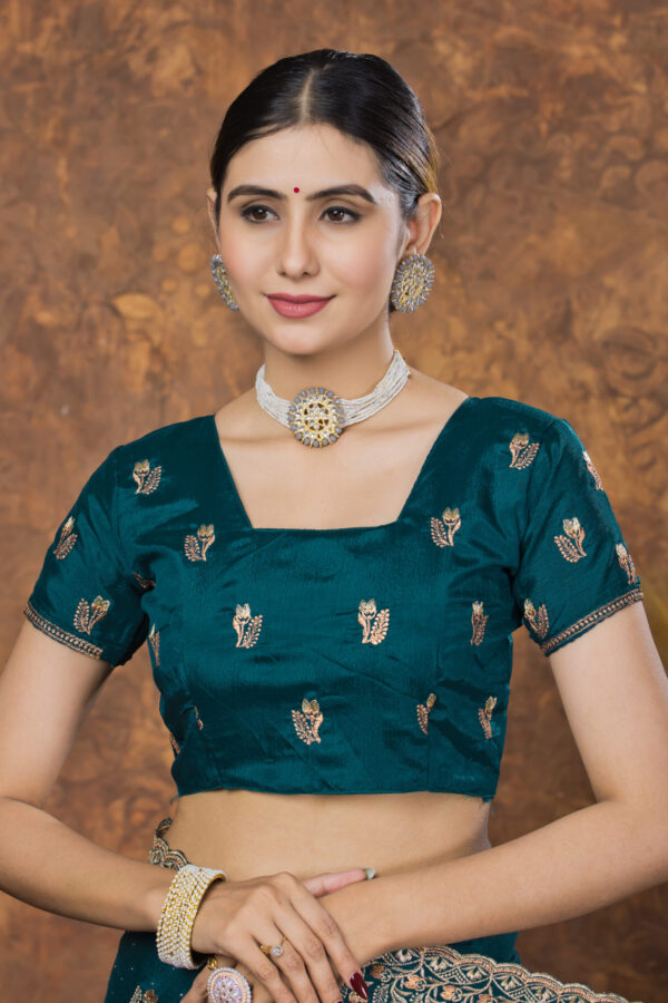 Teal Green Chinon Embroidered with Swarovski Designer Border Party Wear Saree - Image 7
