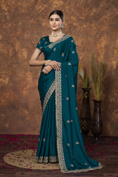Teal Green Chinon Embroidered with Swarovski Designer Border Party Wear Saree