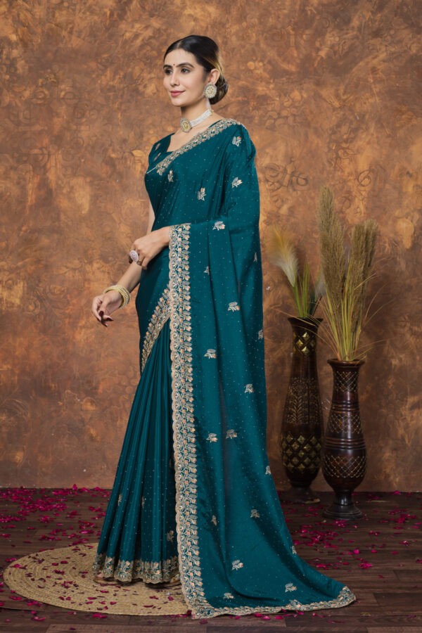 Teal Green Chinon Embroidered with Swarovski Designer Border Party Wear Saree - Image 4
