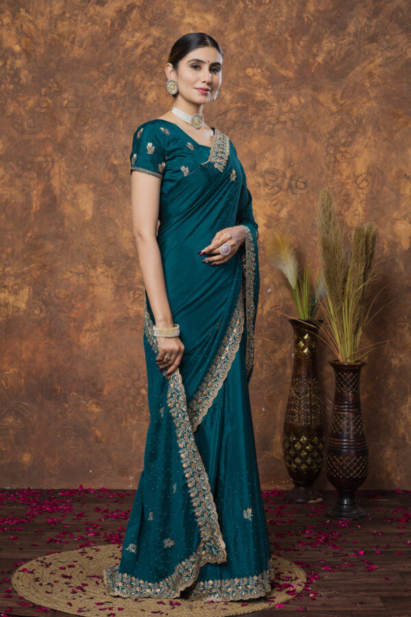 Teal Green Chinon Embroidered with Swarovski Designer Border Party Wear Saree - Image 3