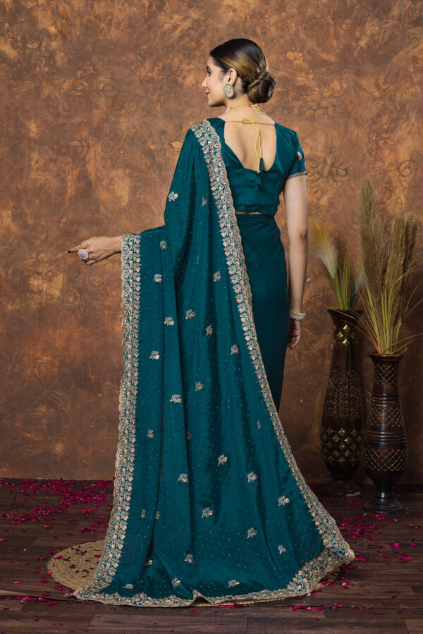 Teal Green Chinon Embroidered with Swarovski Designer Border Party Wear Saree - Image 2