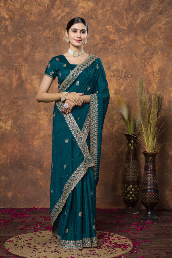 Teal Green Chinon Embroidered with Swarovski Designer Border Party Wear Saree - Image 5