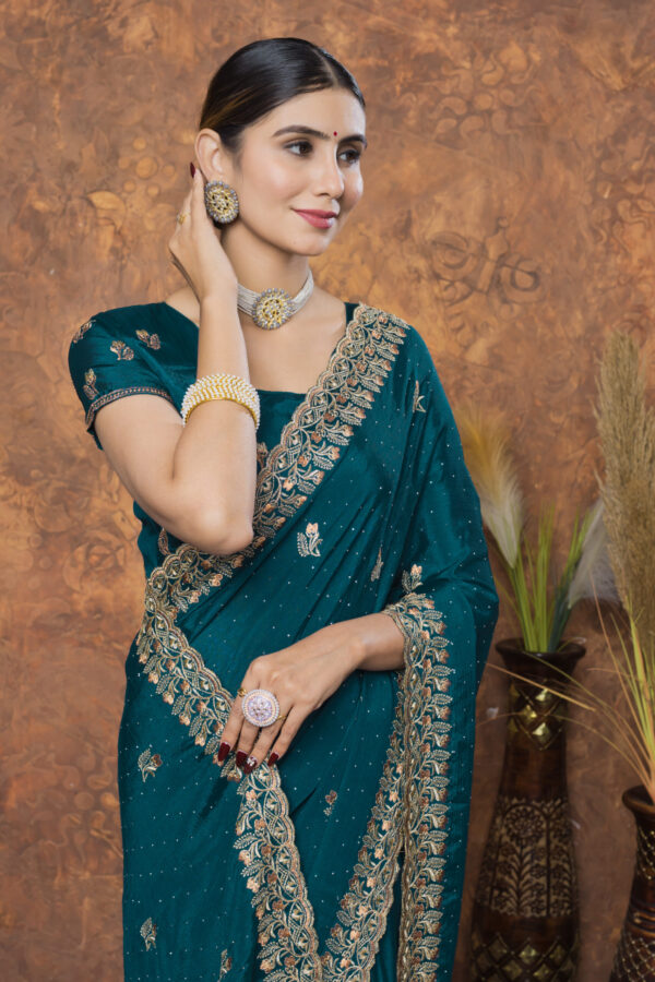 Teal Green Chinon Embroidered with Swarovski Designer Border Party Wear Saree - Image 6