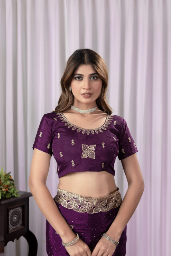 Wine Chinon Saree with Antique Embroidery & Swarovski Stone Detailing - Image 5