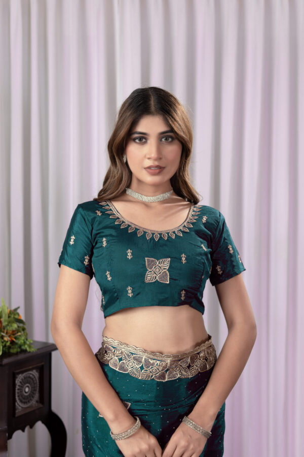 Teal Green Chinon Saree with Antique Embroidery & Swarovski Stone Detailing - Image 5