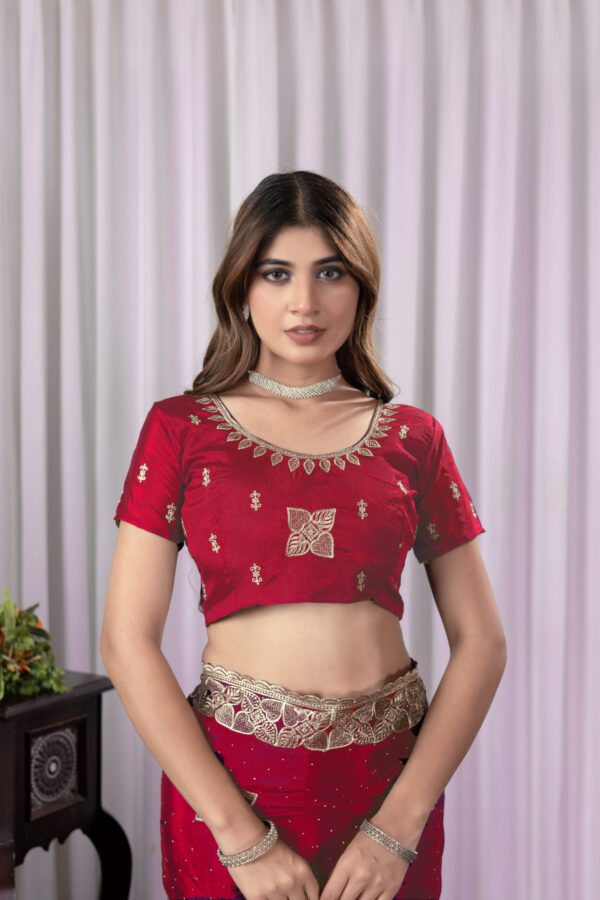Red Chinon Saree with Antique Embroidery & Swarovski Stone Detailing - Image 4