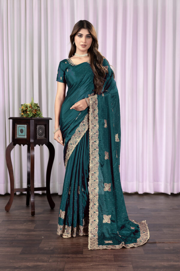 Teal Green Chinon Saree with Antique Embroidery & Swarovski Stone Detailing - Image 2