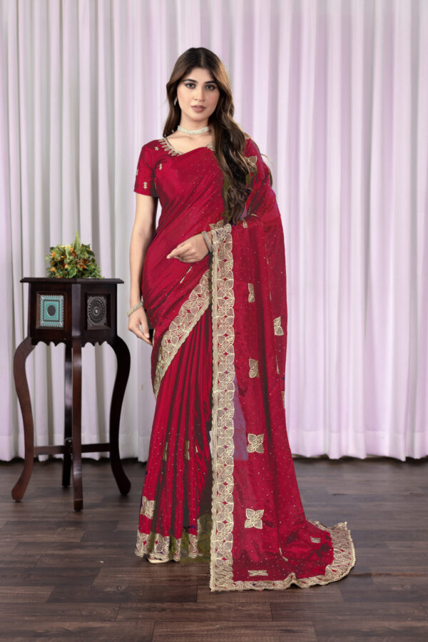 Red Chinon Saree with Antique Embroidery & Swarovski Stone Detailing - Image 2