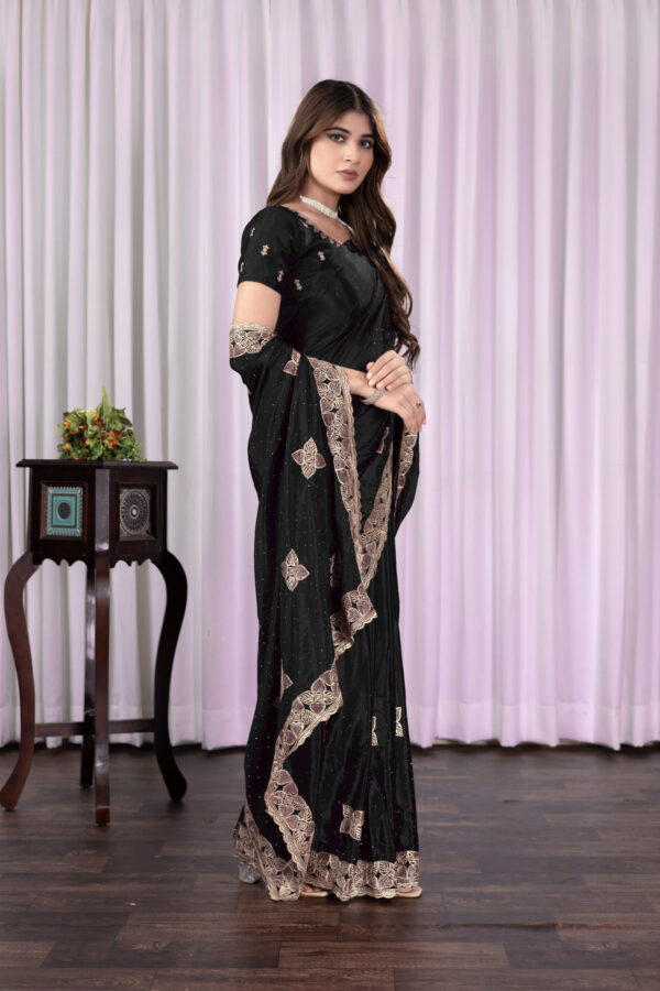 Black Chinon Saree with Antique Embroidery & Swarovski Stone Detailing - Image 3
