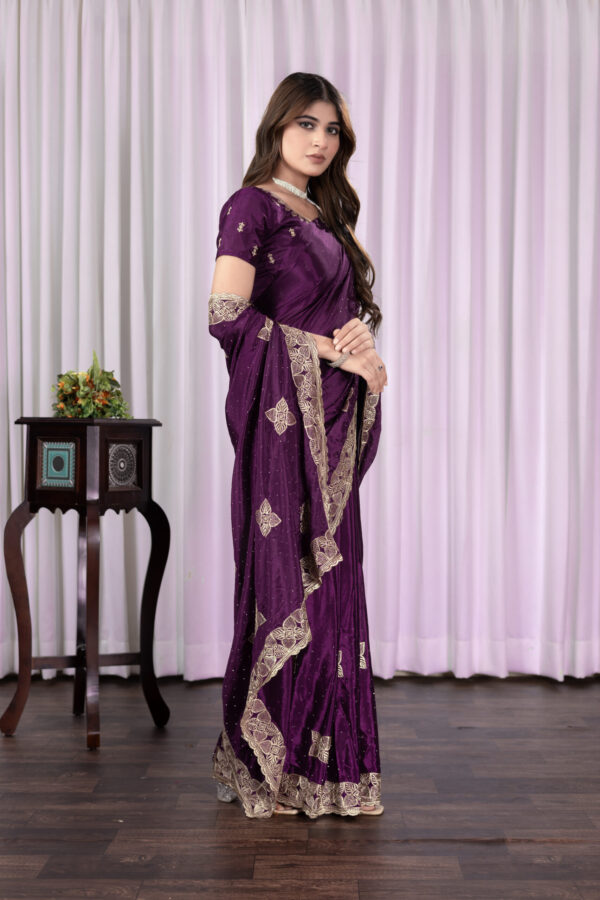 Wine Chinon Saree with Antique Embroidery & Swarovski Stone Detailing - Image 4