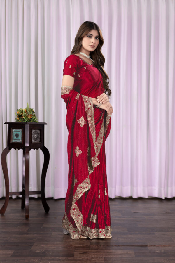 Red Chinon Saree with Antique Embroidery & Swarovski Stone Detailing - Image 3