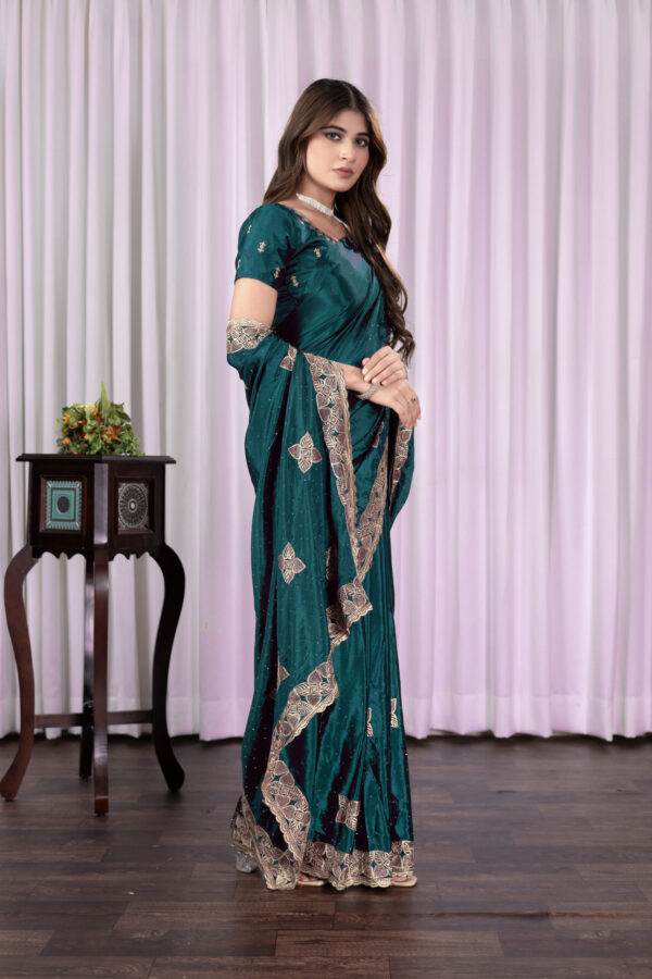 Teal Green Chinon Saree with Antique Embroidery & Swarovski Stone Detailing - Image 4