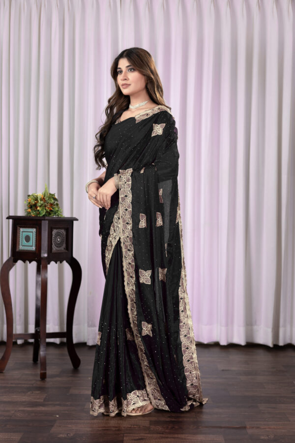 Black Chinon Saree with Antique Embroidery & Swarovski Stone Detailing - Image 4