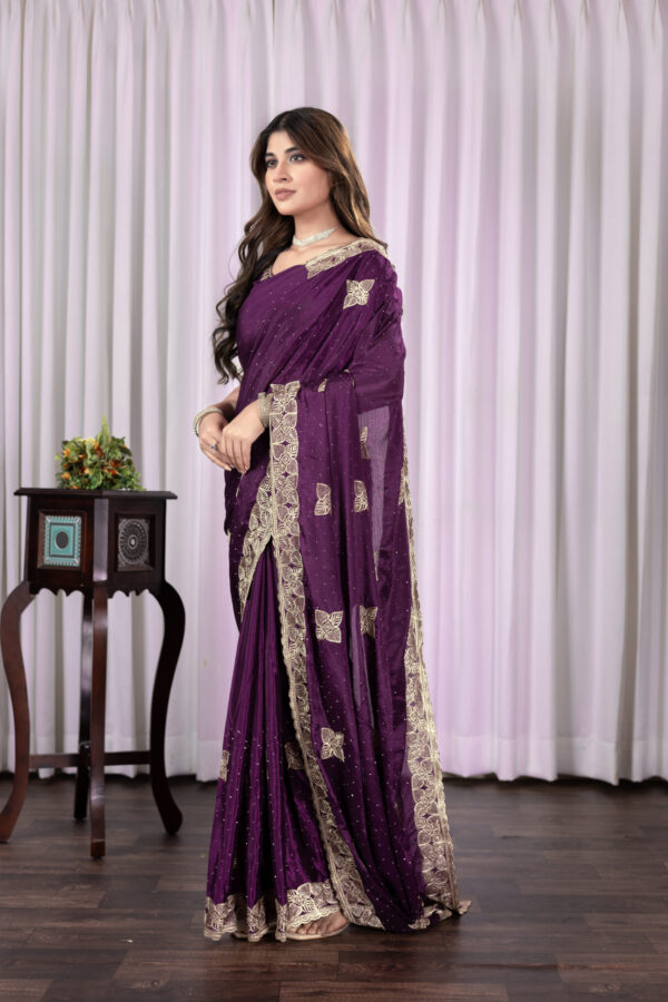 Wine Chinon Saree with Antique Embroidery & Swarovski Stone Detailing - Image 3