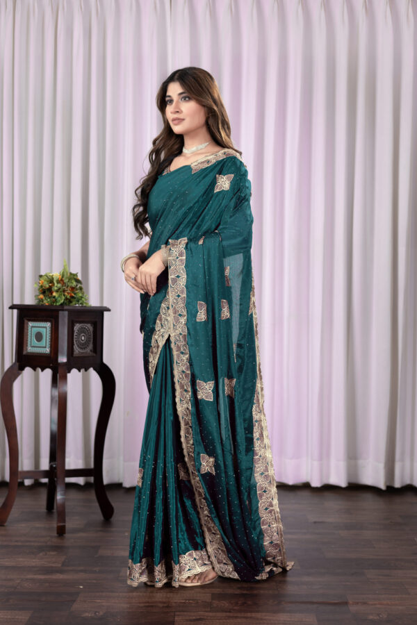 Teal Green Chinon Saree with Antique Embroidery & Swarovski Stone Detailing - Image 3