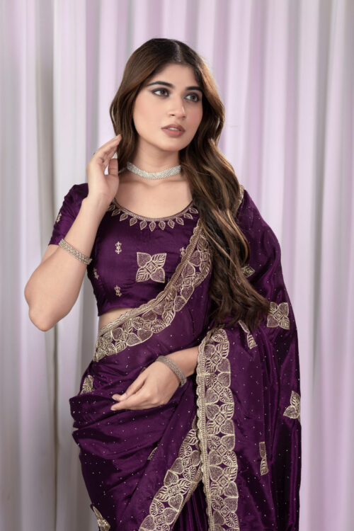 Wine Chinon Saree with Antique Embroidery & Swarovski Stone Detailing
