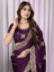 Wine Chinon Saree with Antique Embroidery & Swarovski Stone Detailing