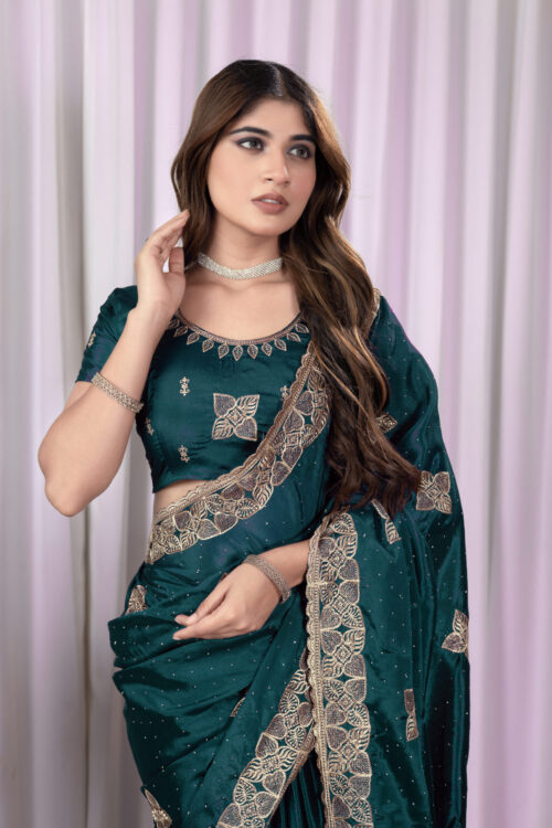 Teal Green Chinon Saree with Antique Embroidery & Swarovski Stone Detailing