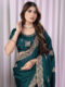 Teal Green Chinon Saree with Antique Embroidery & Swarovski Stone Detailing