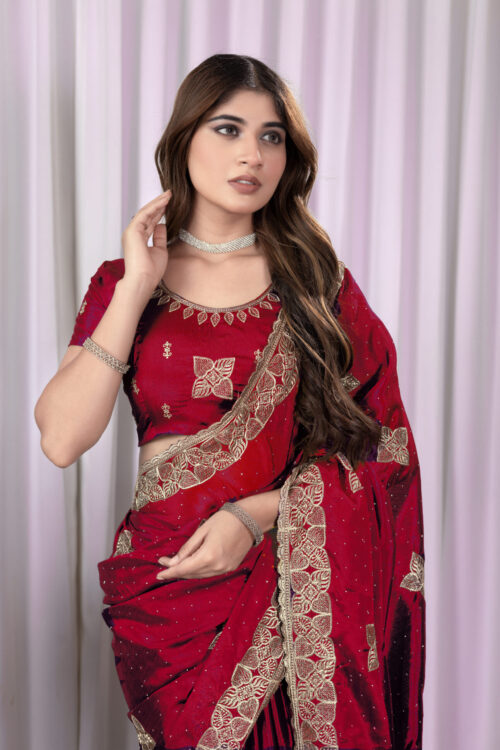 Red Chinon Saree with Antique Embroidery & Swarovski Stone Detailing