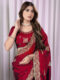 Red Chinon Saree with Antique Embroidery & Swarovski Stone Detailing
