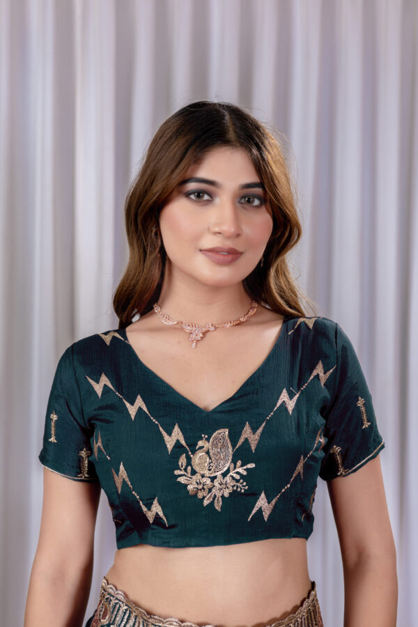Teal Green Chinon Embroidered Party Wear Saree with Floral Border Detailing - Image 6