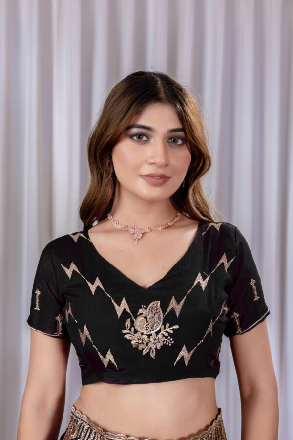Black Chinon Embroidered Party Wear Saree with Floral Border Detailing - Image 6