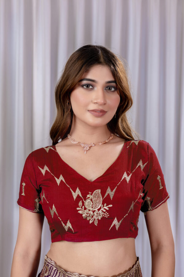 Red Chinon Embroidered Party Wear Saree with Floral Border Detailing - Image 6