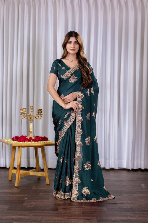 Teal Green Chinon Embroidered Party Wear Saree with Floral Border Detailing