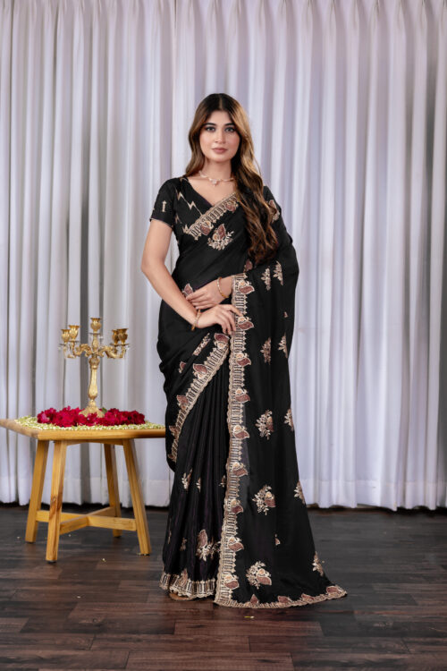 Black Chinon Embroidered Party Wear Saree with Floral Border Detailing