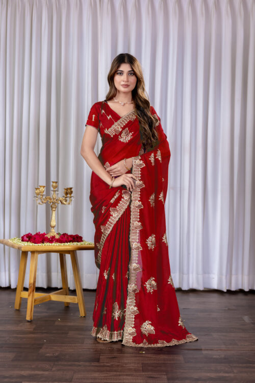 Red Chinon Embroidered Party Wear Saree with Floral Border Detailing