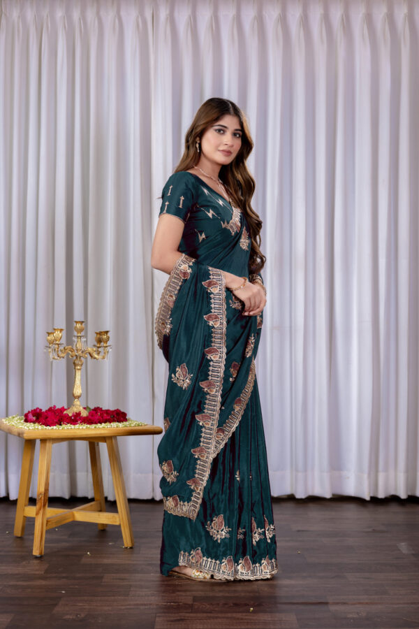 Teal Green Chinon Embroidered Party Wear Saree with Floral Border Detailing - Image 4