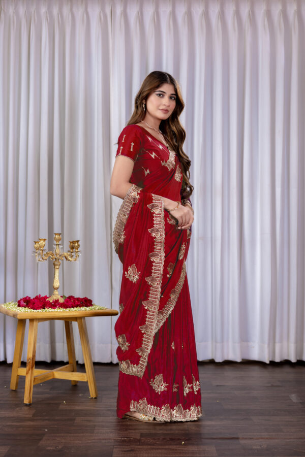 Red Chinon Embroidered Party Wear Saree with Floral Border Detailing - Image 3