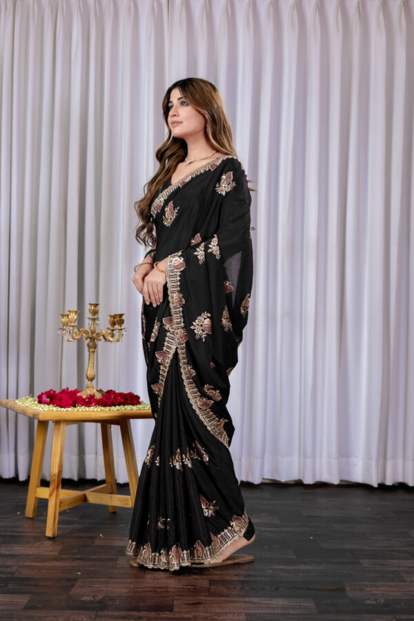 Black Chinon Embroidered Party Wear Saree with Floral Border Detailing - Image 3