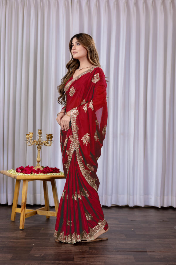 Red Chinon Embroidered Party Wear Saree with Floral Border Detailing - Image 4