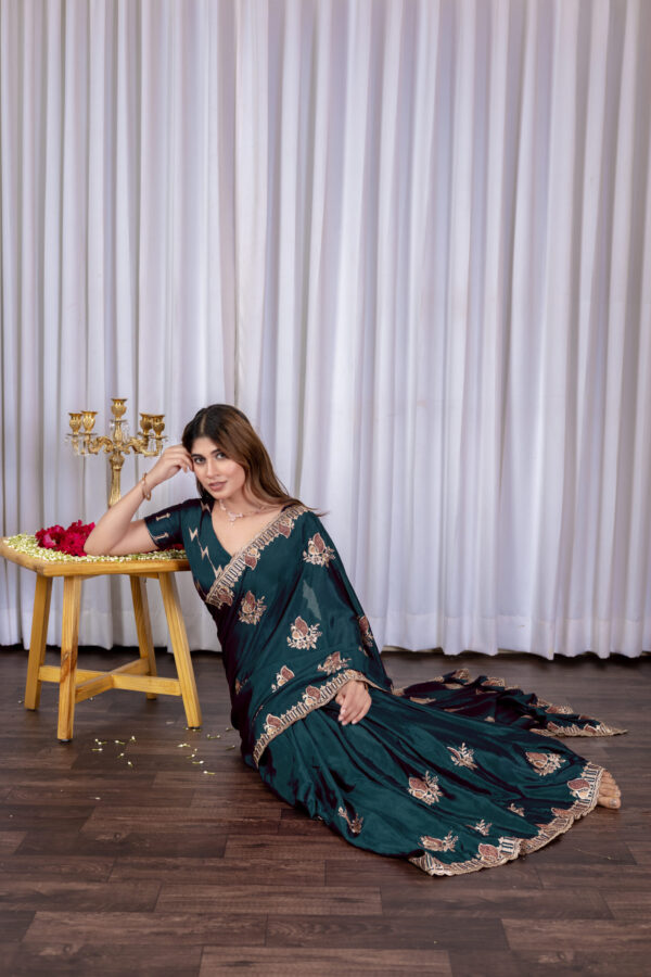 Teal Green Chinon Embroidered Party Wear Saree with Floral Border Detailing - Image 5