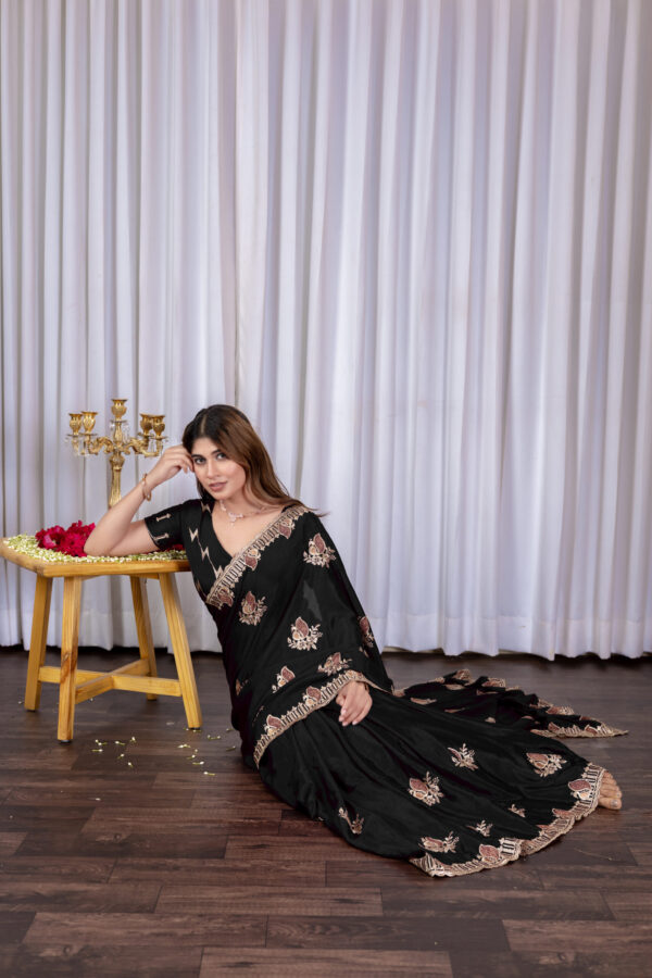 Black Chinon Embroidered Party Wear Saree with Floral Border Detailing - Image 5