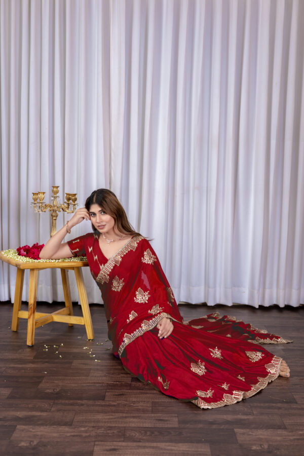Red Chinon Embroidered Party Wear Saree with Floral Border Detailing - Image 5