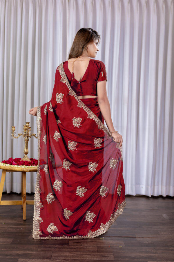 Red Chinon Embroidered Party Wear Saree with Floral Border Detailing - Image 2