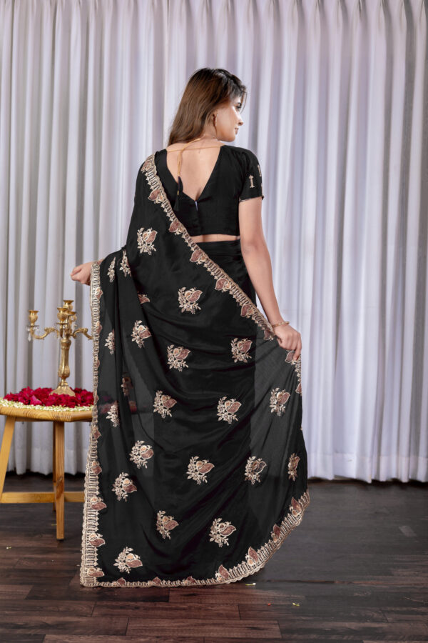 Black Chinon Embroidered Party Wear Saree with Floral Border Detailing - Image 2