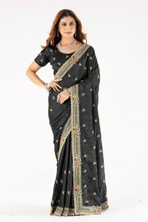 Elegant Black Embroidered Saree with Designer Border & Matching Blouse – Party & Festive Wear