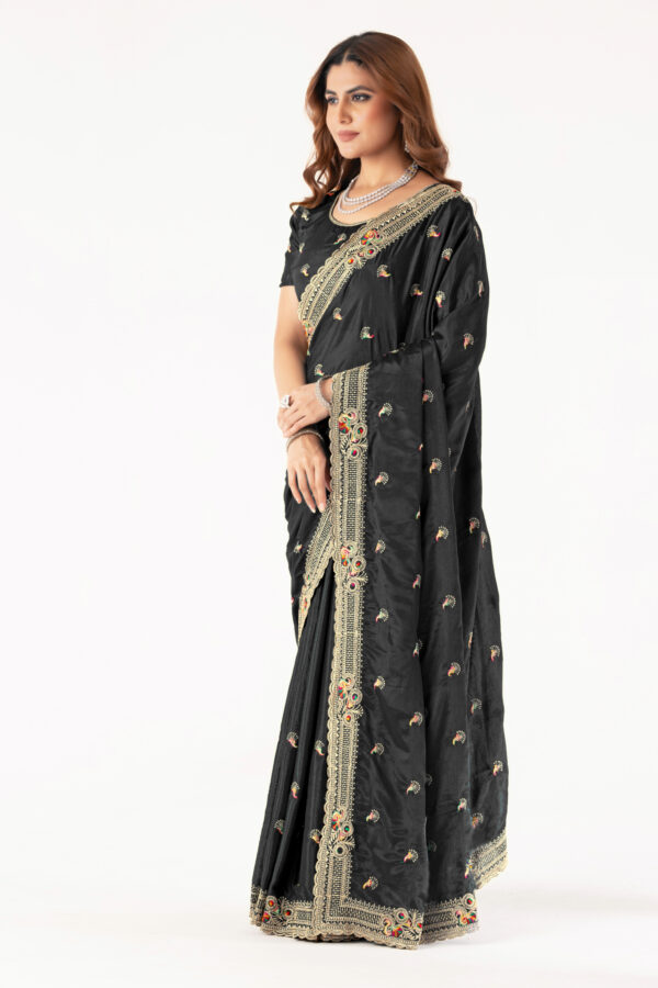 Elegant Black Embroidered Saree with Designer Border & Matching Blouse – Party & Festive Wear - Image 3