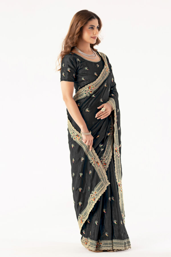 Elegant Black Embroidered Saree with Designer Border & Matching Blouse – Party & Festive Wear - Image 4
