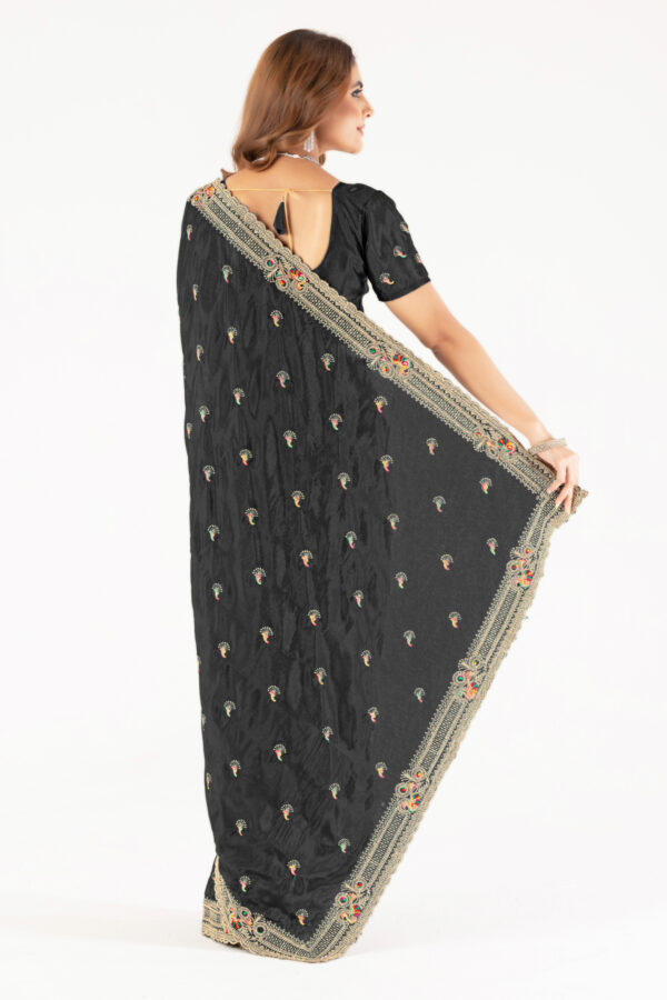 Elegant Black Embroidered Saree with Designer Border & Matching Blouse – Party & Festive Wear - Image 2
