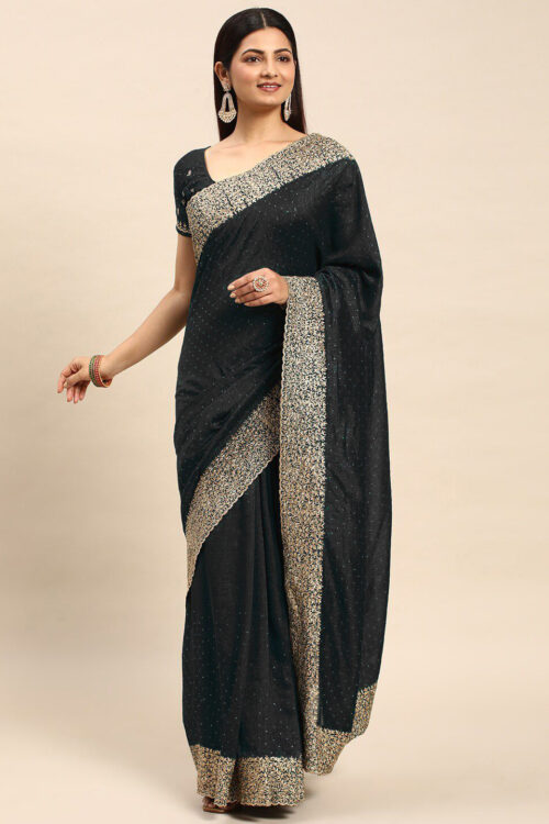 Black Chinon Party Wear Saree with Heavy Embroidery & Swarovski Stone Work